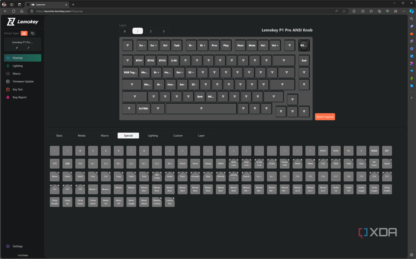 Key remap settings in the Lemokey launcher showing the secondary layer of actions