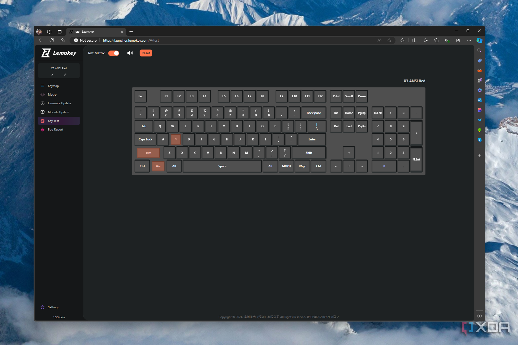 Screenshot of Lemokey key tester for the Lemokey X3