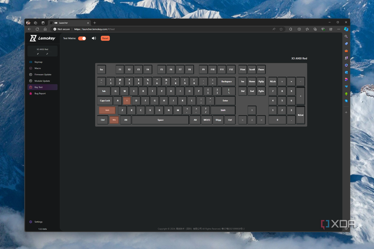 Screenshot of Lemokey key tester for the Lemokey X3