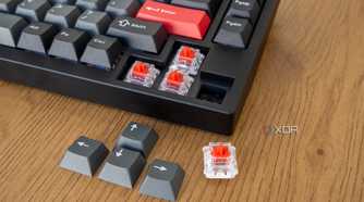 The arrow keys on the Lemokey P1 Pro with the keycaps and one of the switches removed