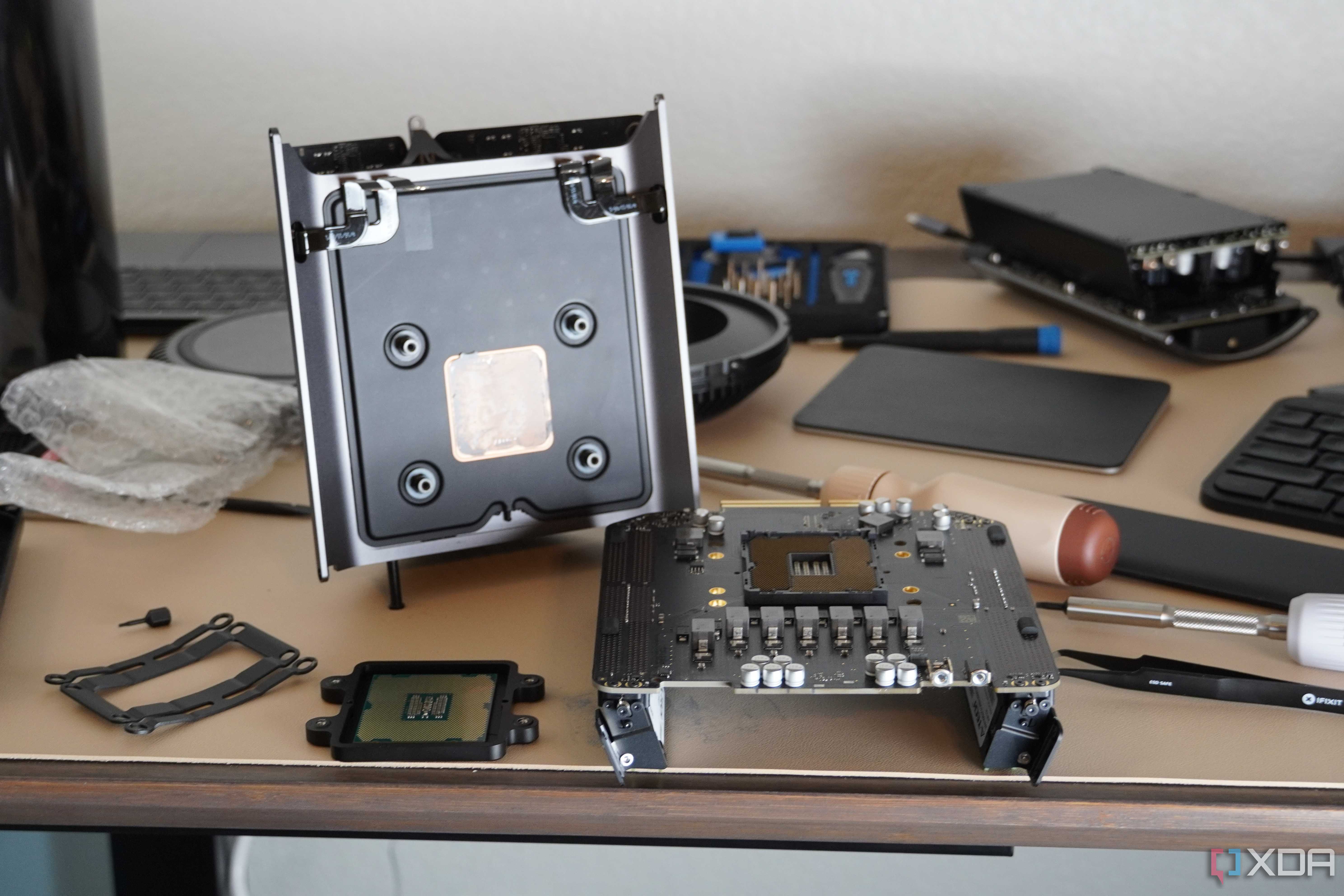 The exposed CPU socket on a Mac Pro.