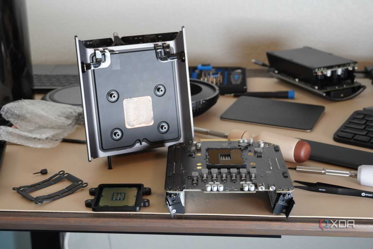 The exposed CPU socket on a Mac Pro.