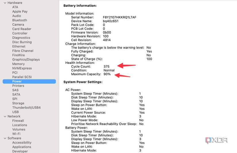 A screenshot showing MacBook battery health