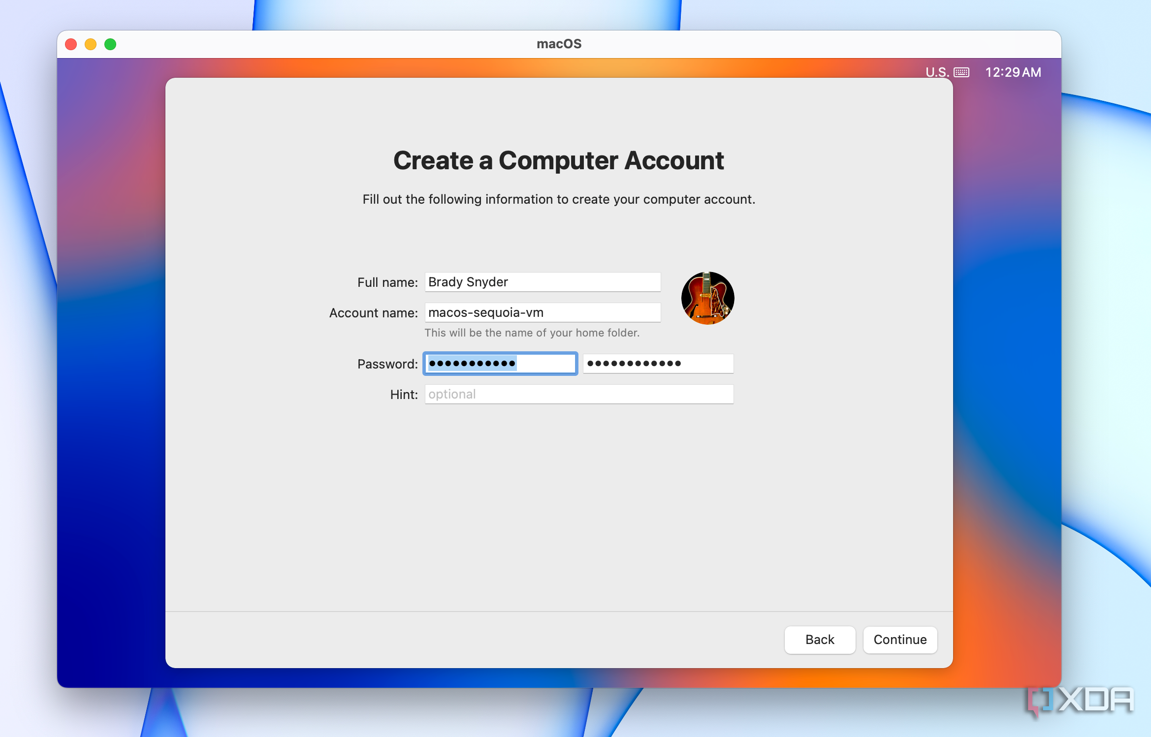 Creating a macOS user account.