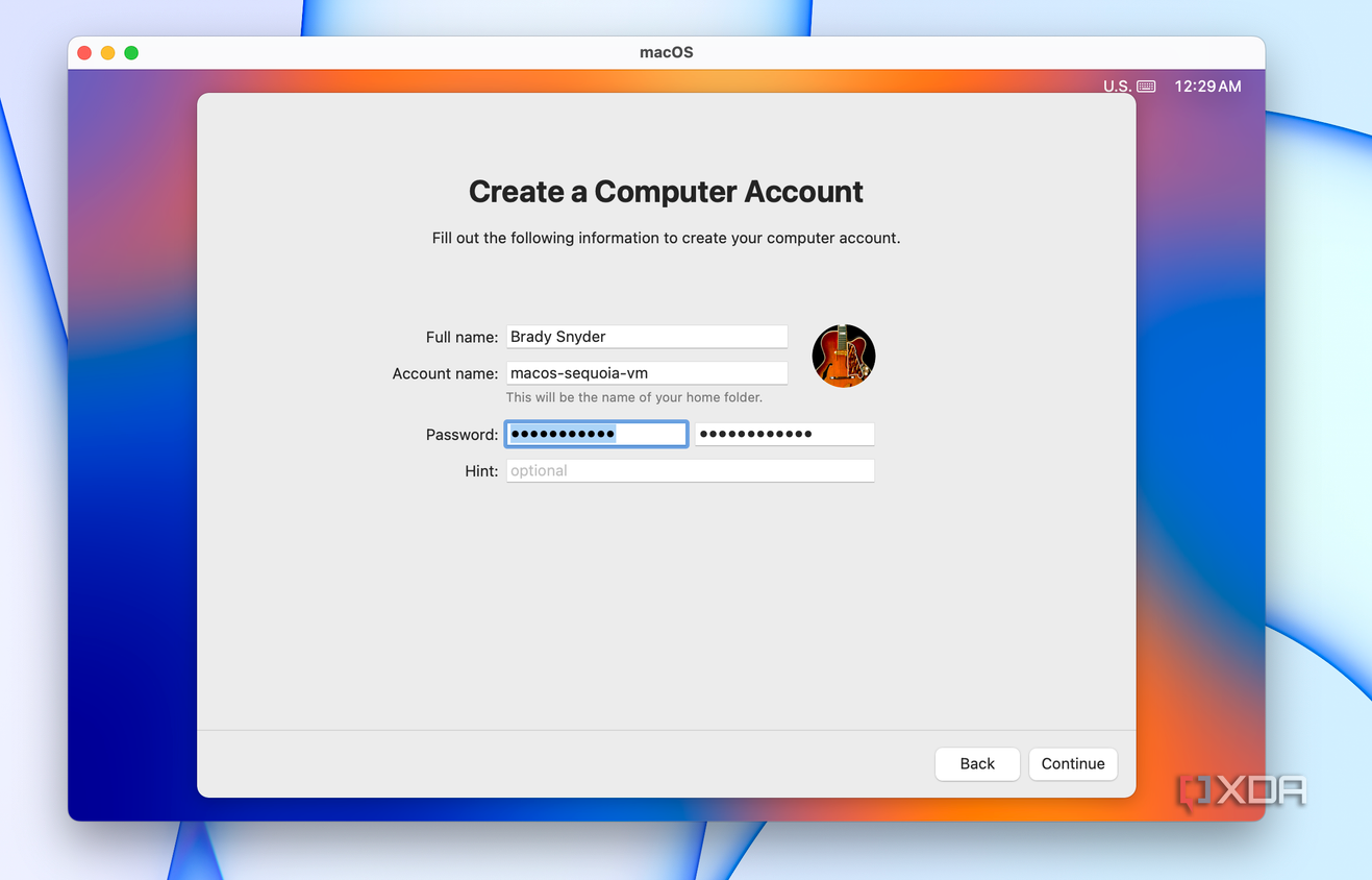 Creating a macOS user account.