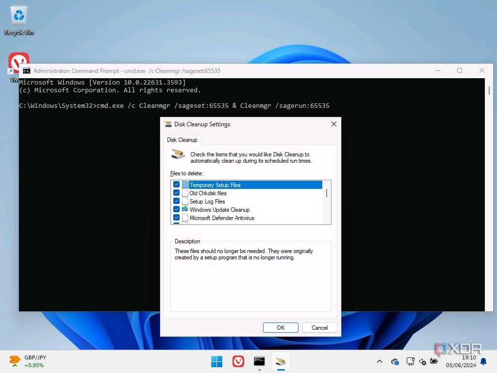 Screenshot of Command prompt and Disk Cleanup with every box selected