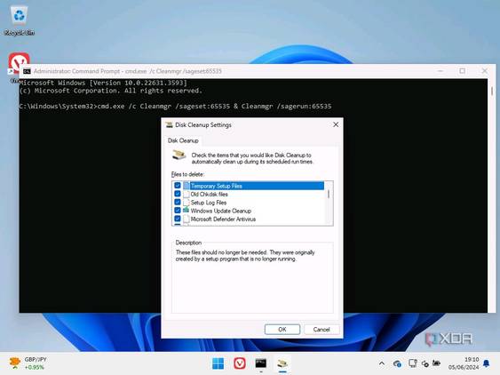 Screenshot of Command prompt and Disk Cleanup with every box selected