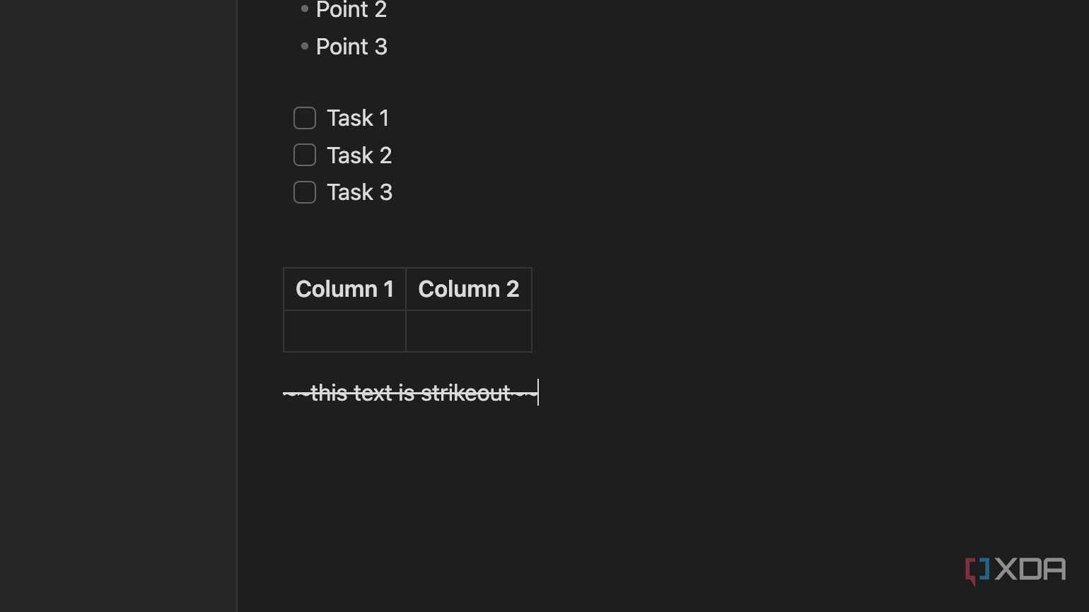 A screenshot showing Obsidian markdown Strikethrough