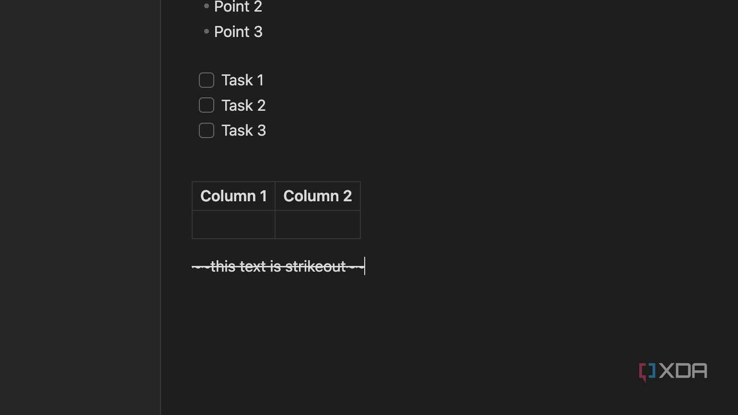 A screenshot showing Obsidian markdown Strikethrough