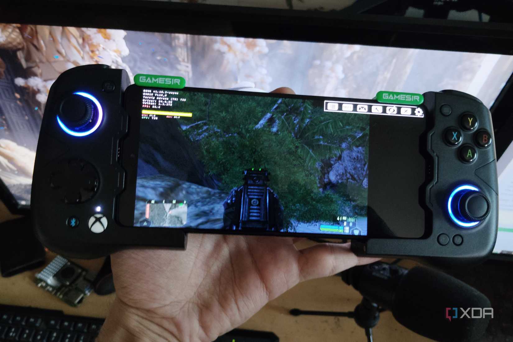 Crysis running on a Poco F5 via Mobox, with a GameSir X4 Aileron controller connected to the phone