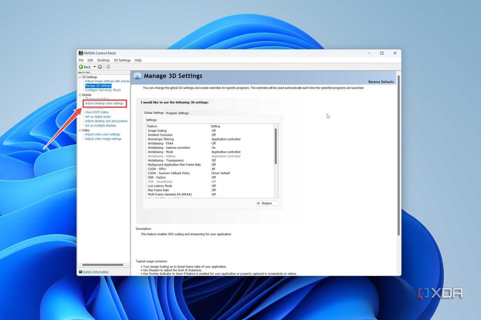 Entering the Adjust display color settings tab in Nvidia Control Panel