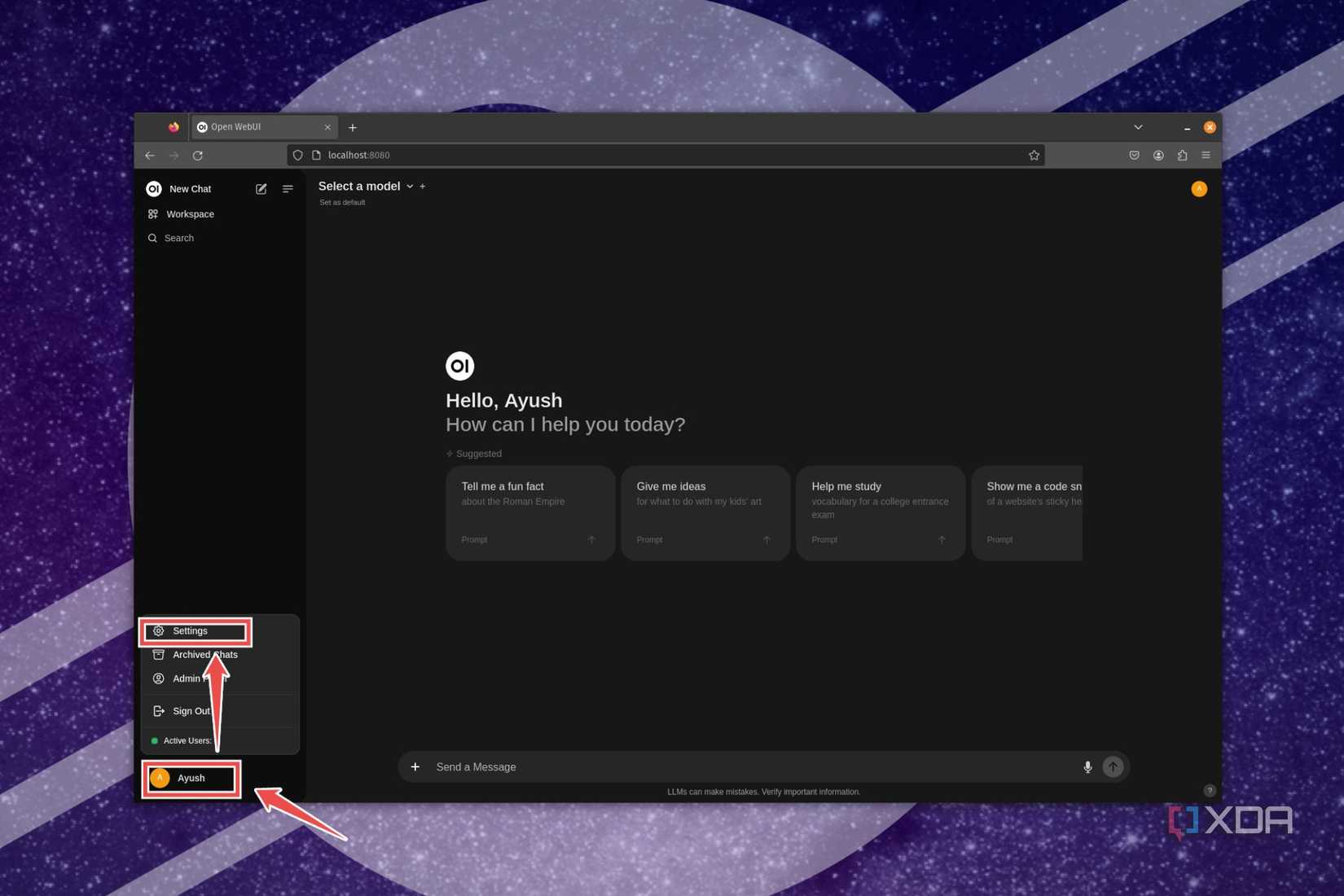 The procedure to open Ollama settings on the web UI