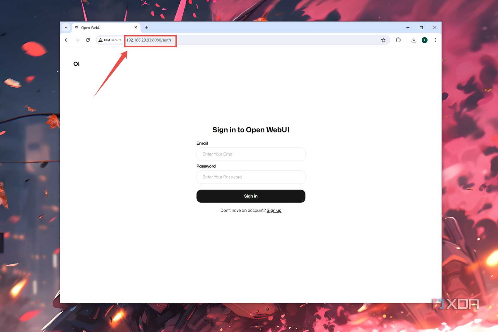 Entering the URL to access the Open Web UI on another PC
