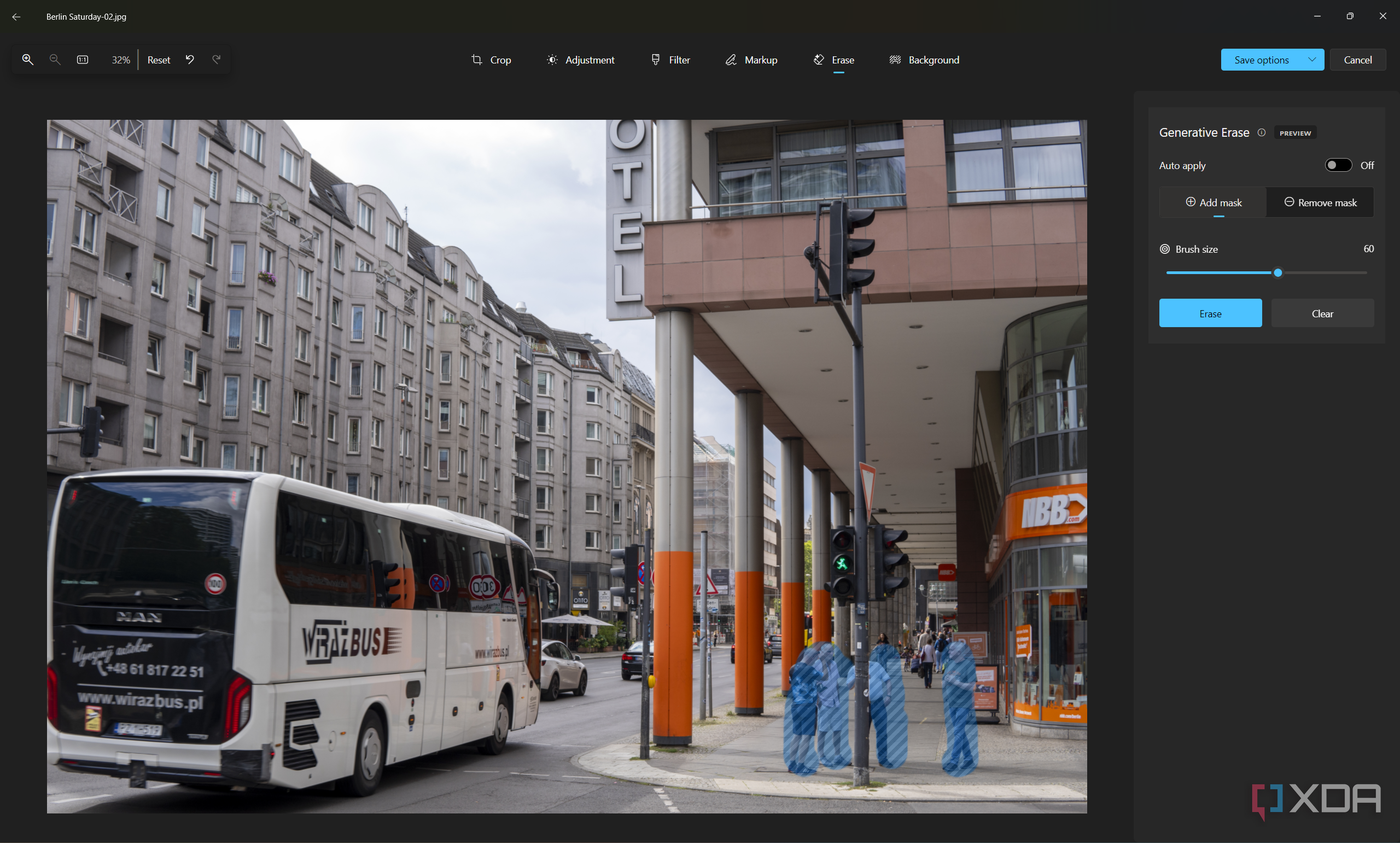 Screenshot of the Photos app using the erase feature to remove unwanted objects