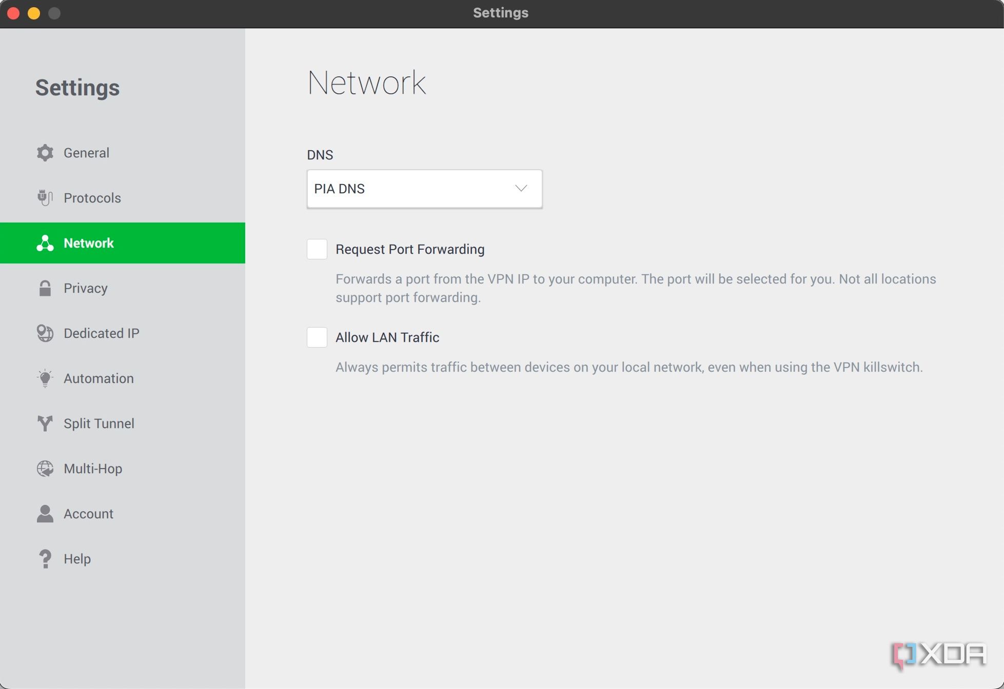 DNS settings options in PIA Private Internet Access VPN app