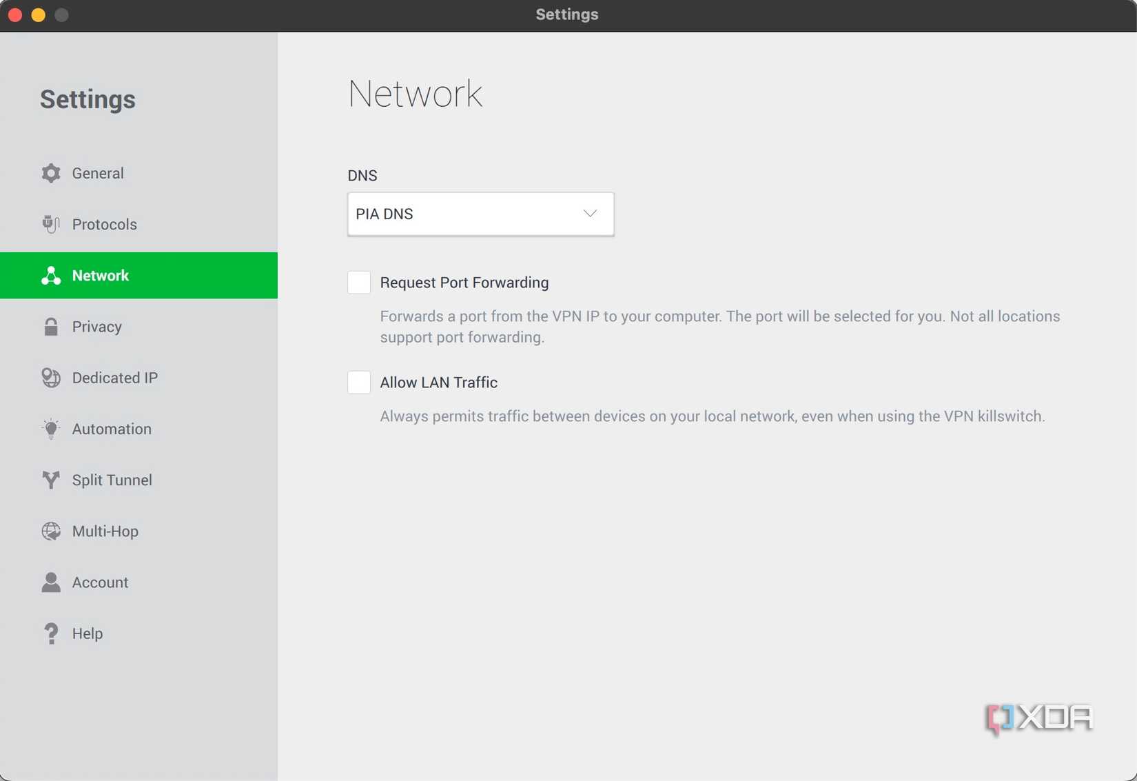 DNS settings options in PIA Private Internet Access VPN app