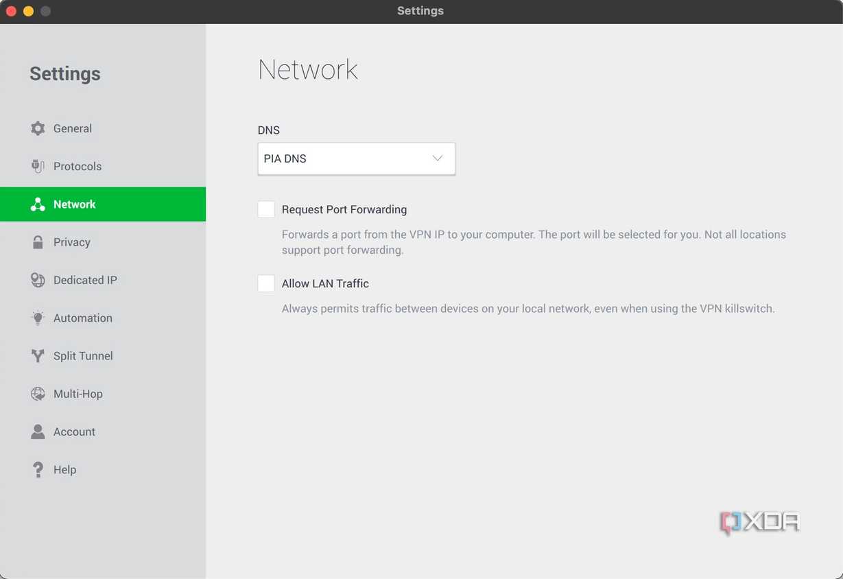 DNS settings options in PIA Private Internet Access VPN app