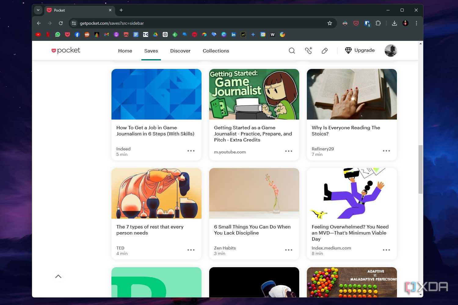 Chome screenshot that shows the library in the Pocket app