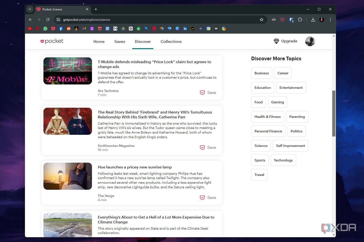 Chrome screenshot that shows the Discover page in the Pocket web app