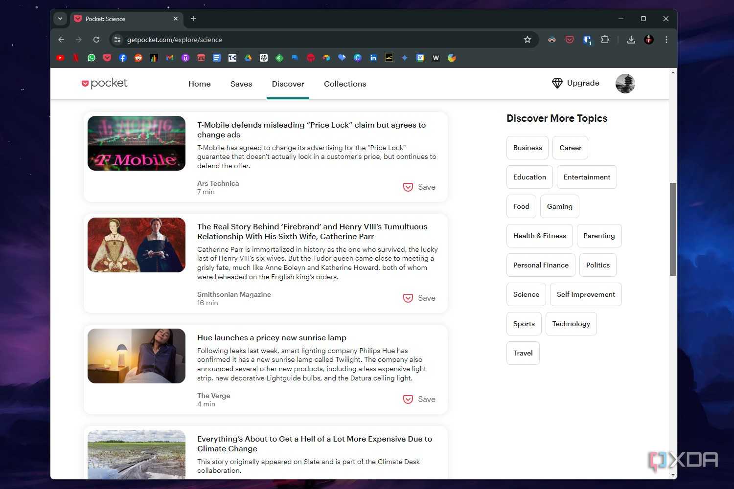 Chrome screenshot that shows the Discover page in the Pocket web app
