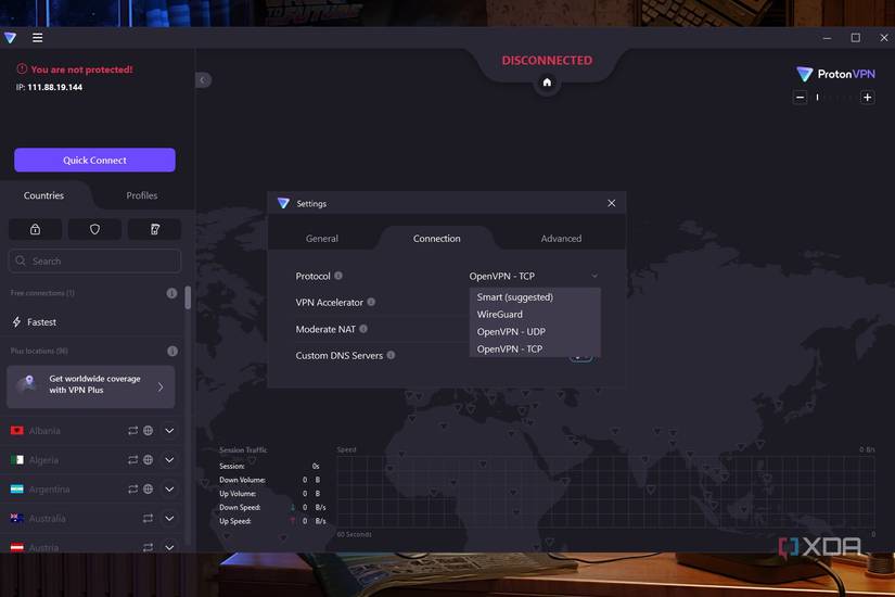 Windows 11 ProtonVPN screenshot that shows the available VPN protocols