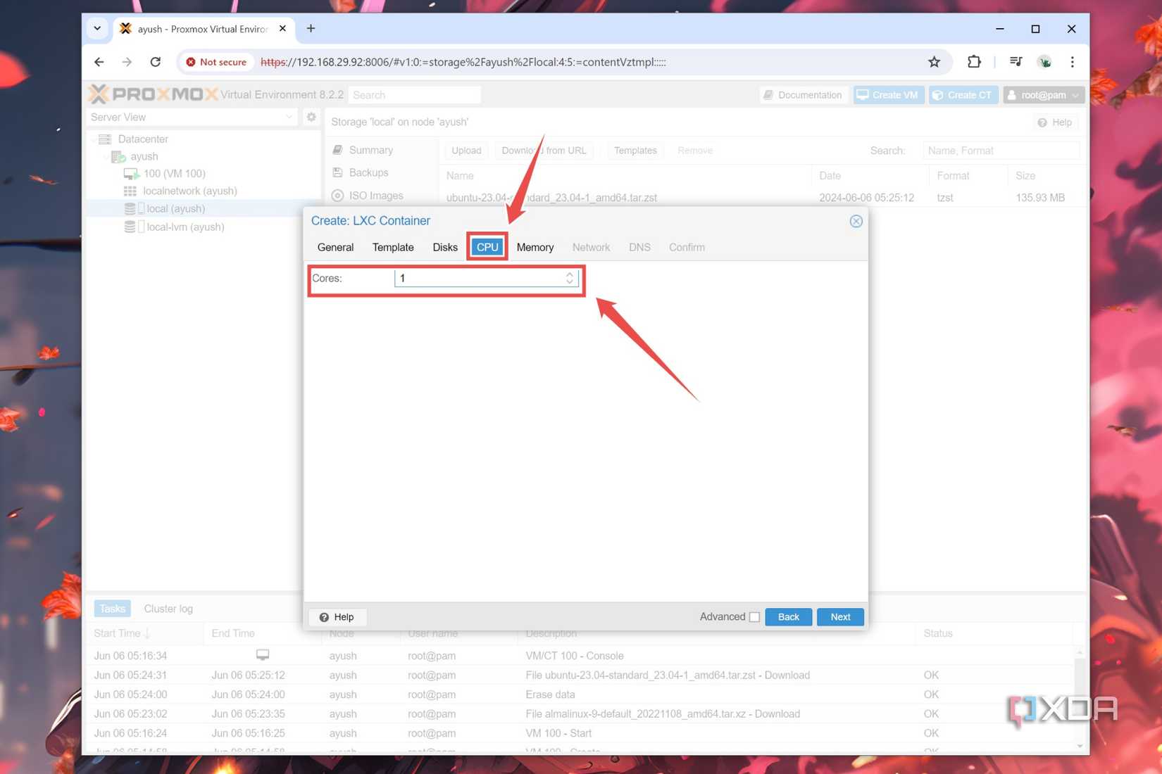 The option to add CPU cores to a Proxmox container