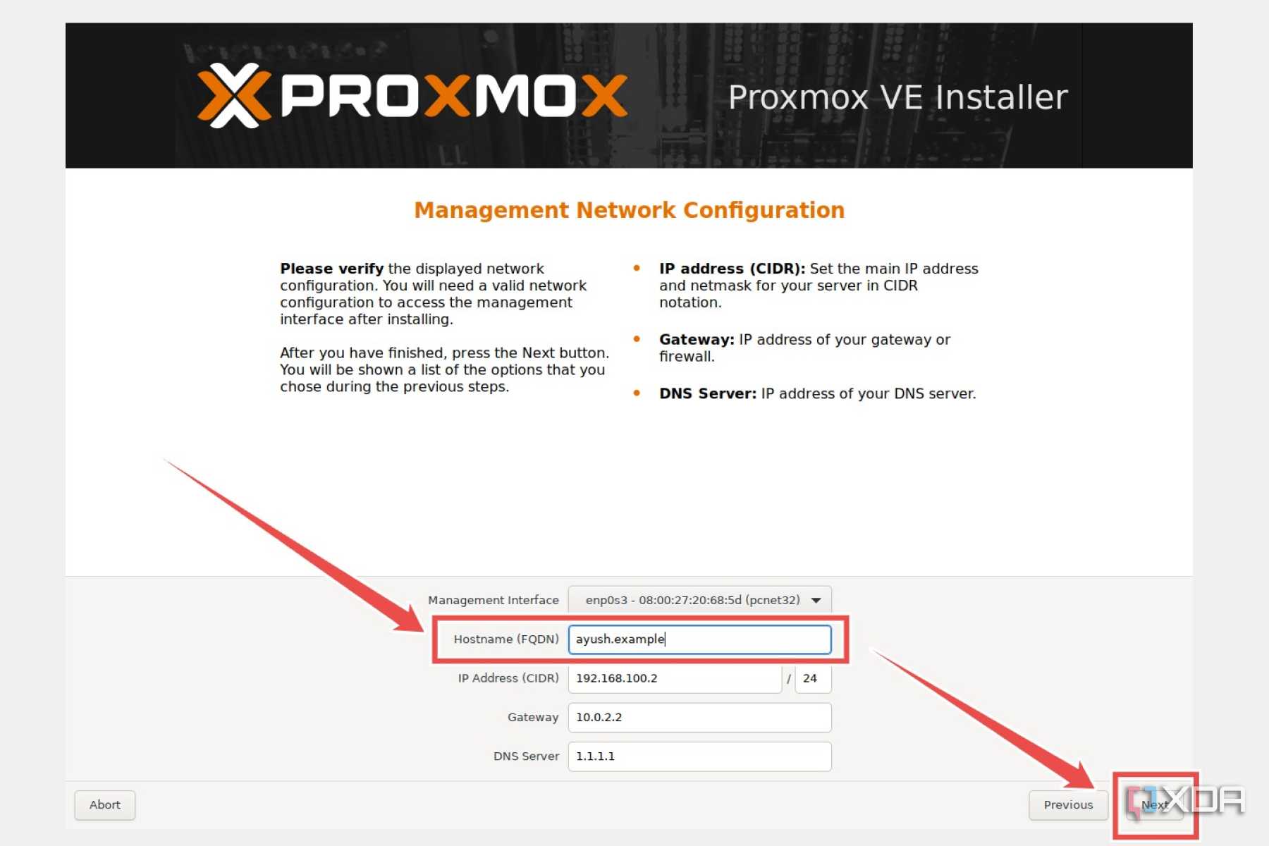 The option to select the Hostname in the Proxmox installation wizard