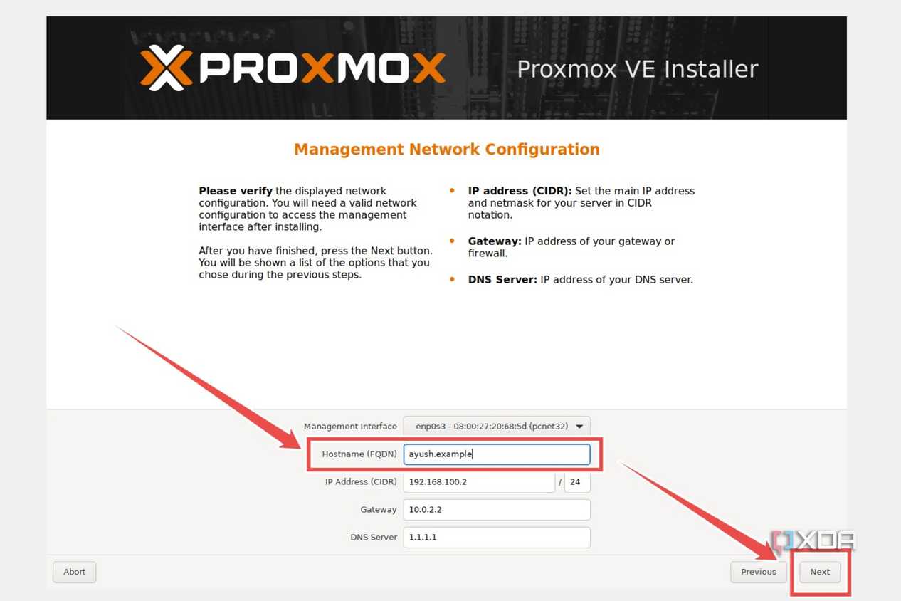 The option to select the Hostname in the Proxmox installation wizard