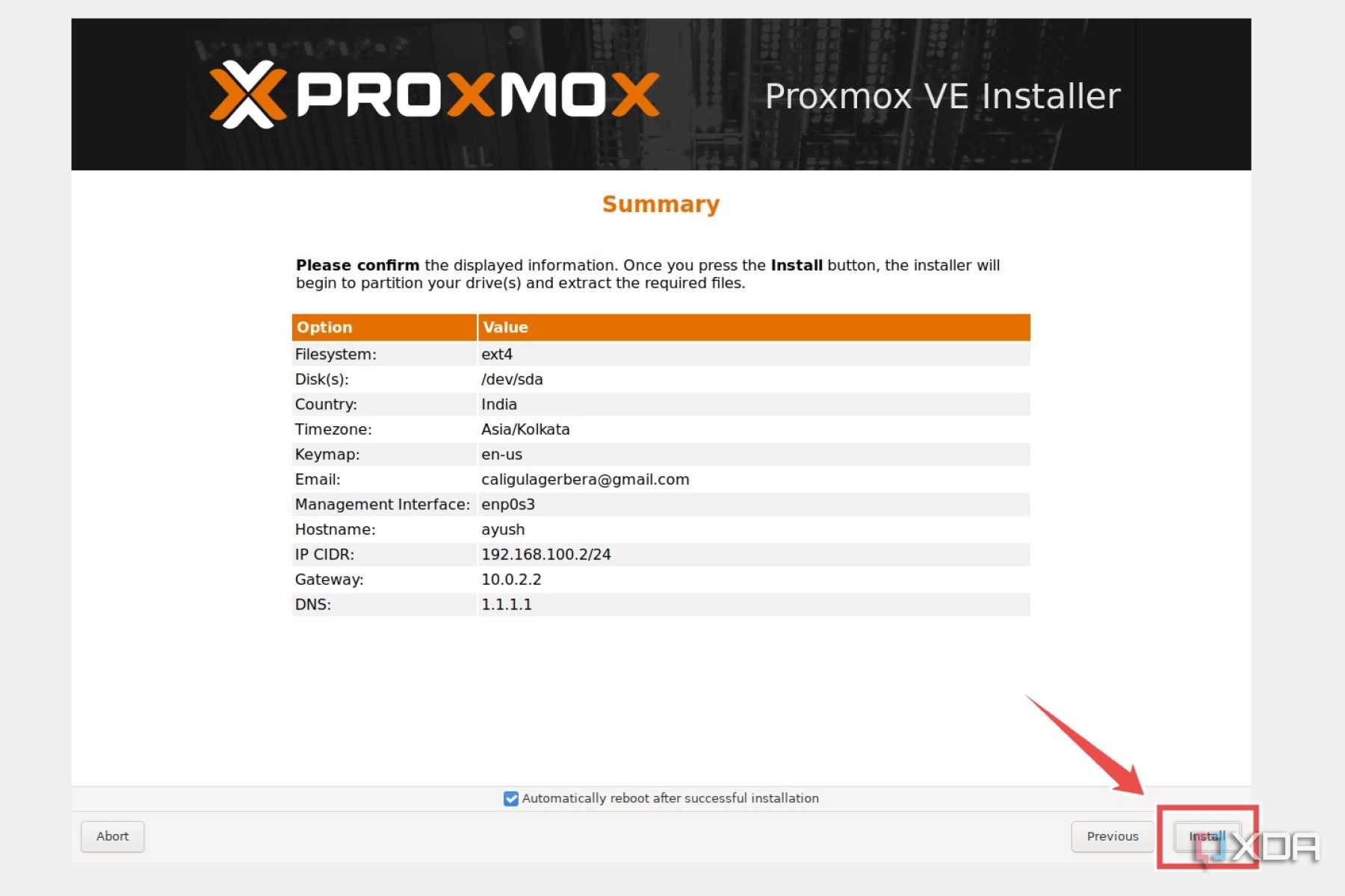 The Install button highlighted in the Proxmox installation wizard