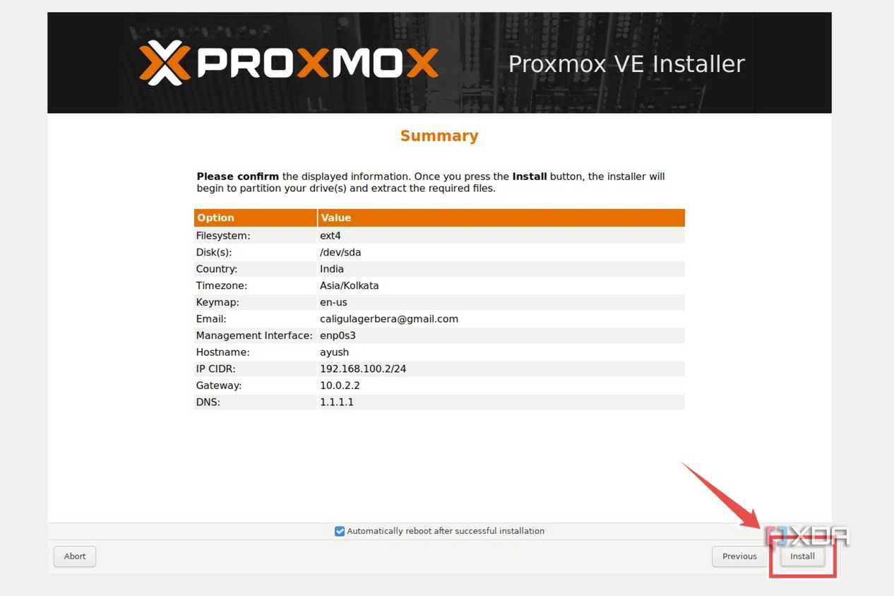 The Install button highlighted in the Proxmox installation wizard
