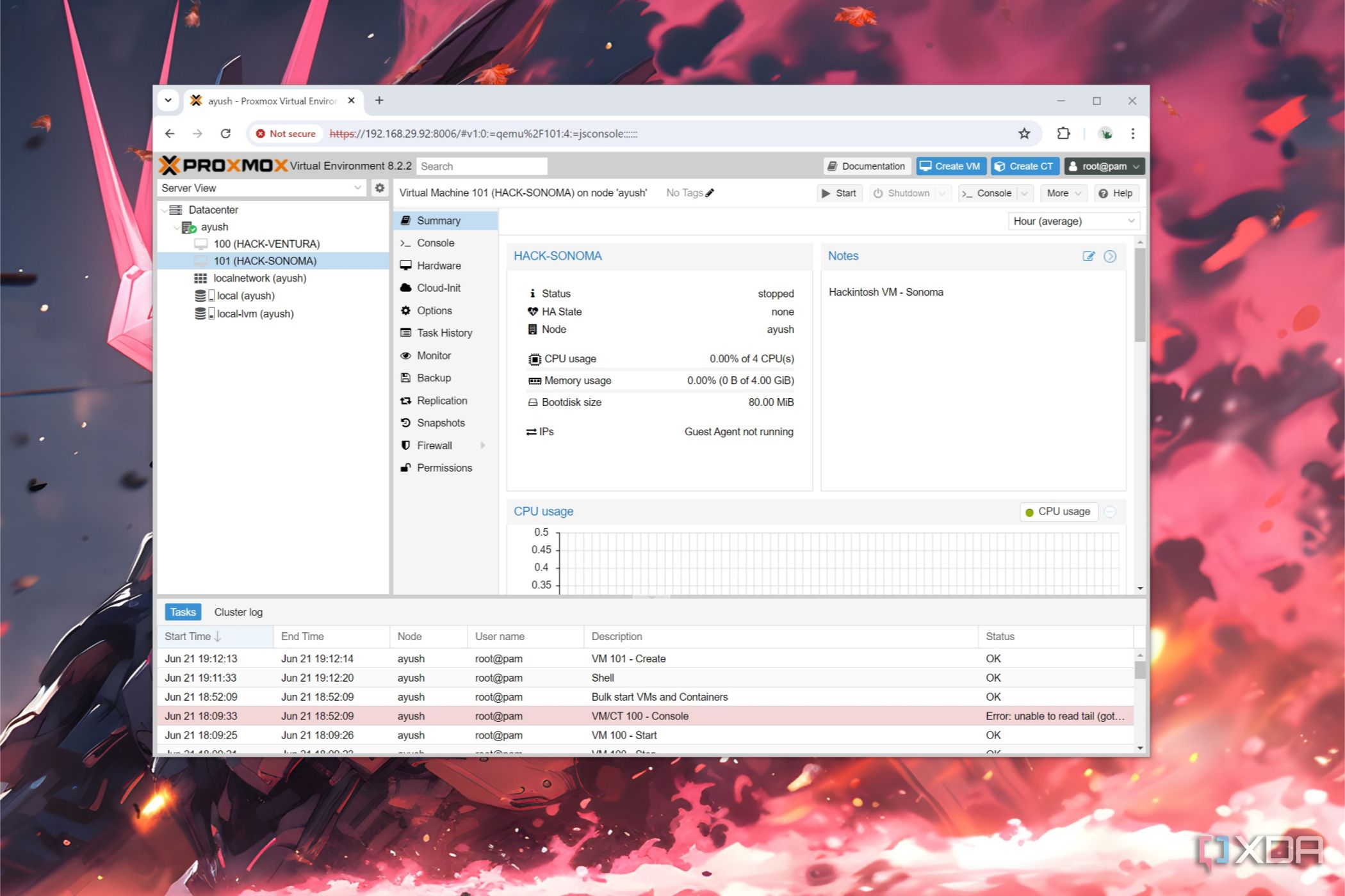 A screenshot of Proxmox depicting macOS Ventura and Sonoma VMs