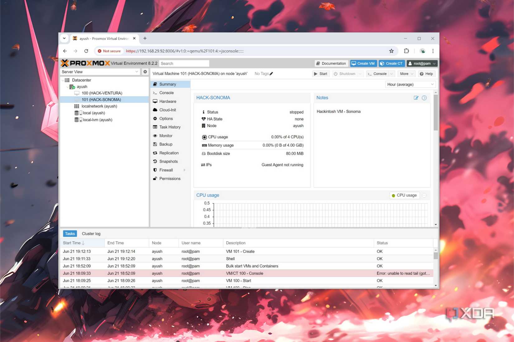 A screenshot of Proxmox depicting macOS Ventura and Sonoma VMs