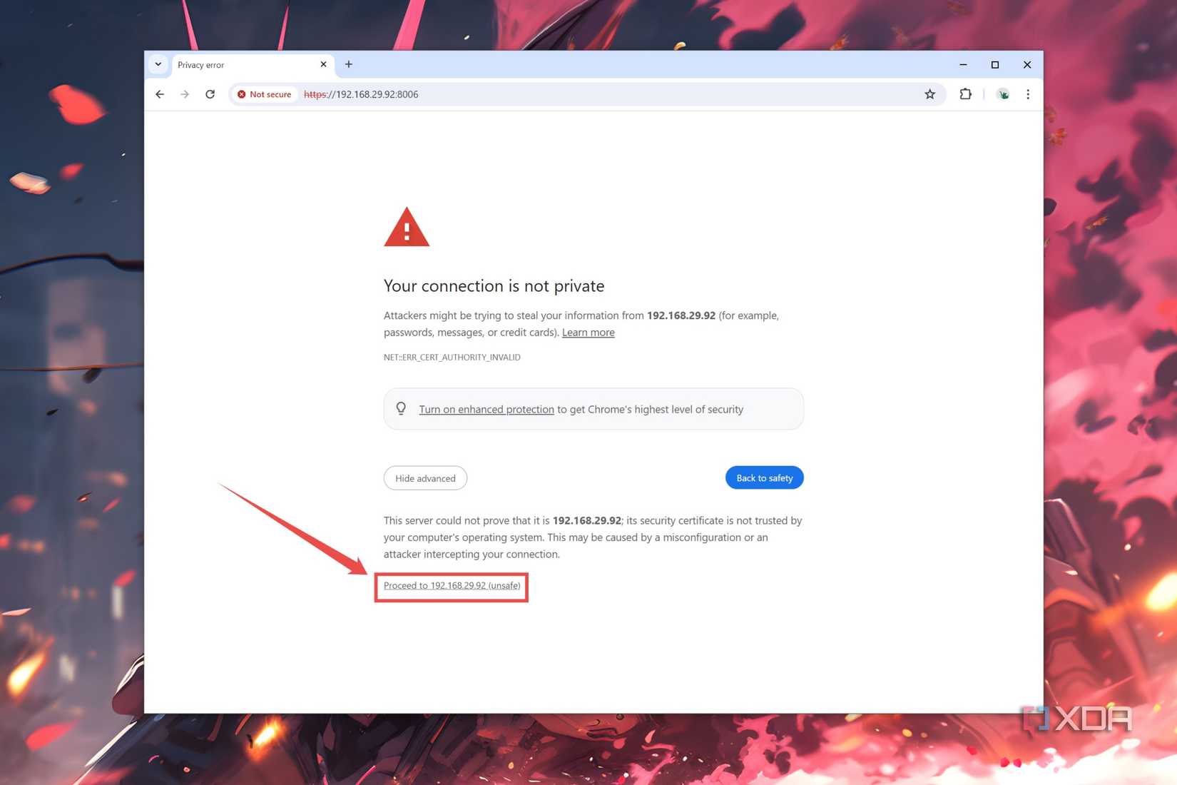 The option to proceed to the URL in Chrome