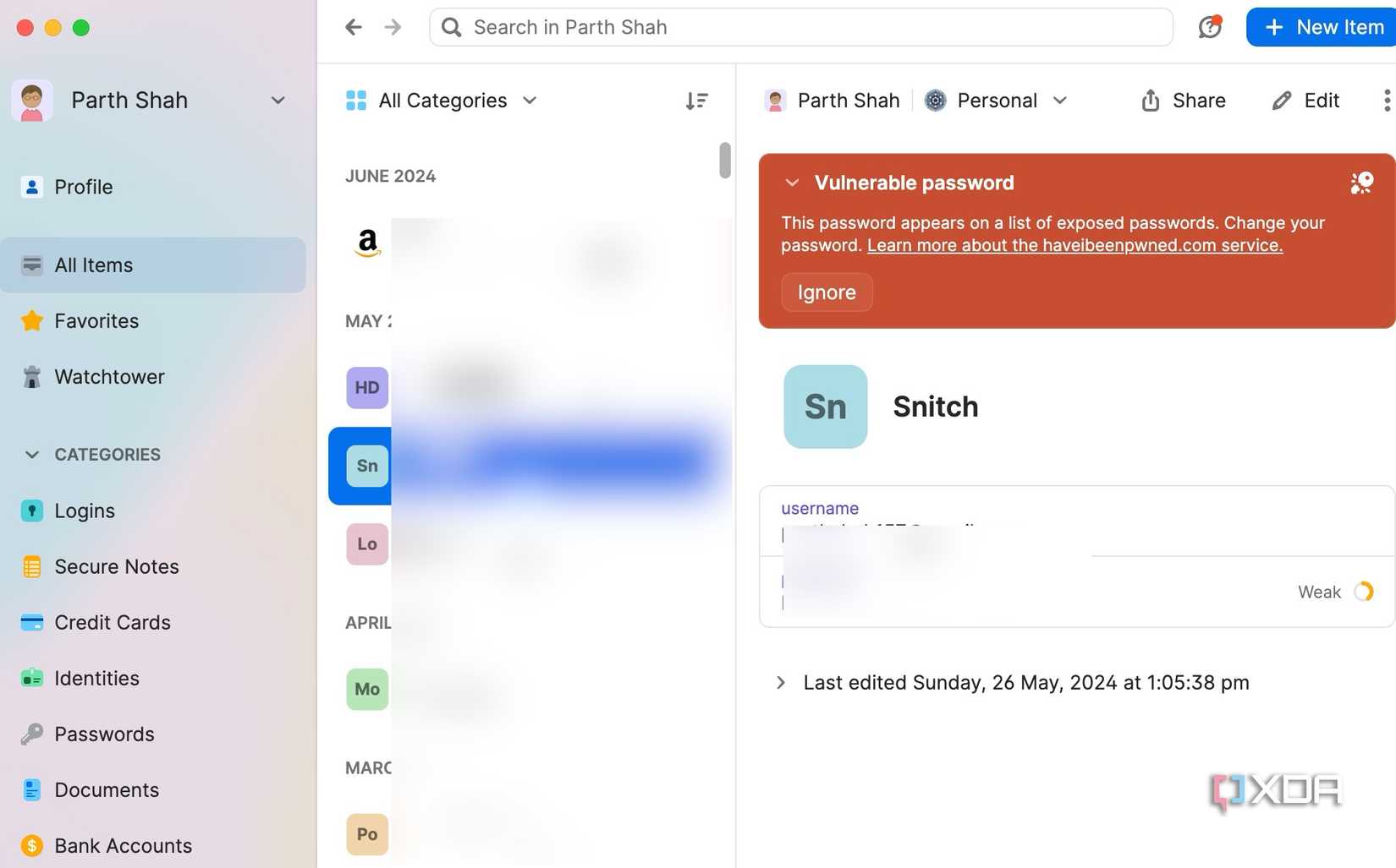 A screenshot showing 1Password home