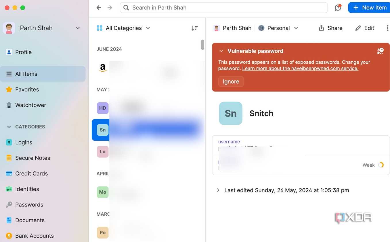 A screenshot showing 1Password home