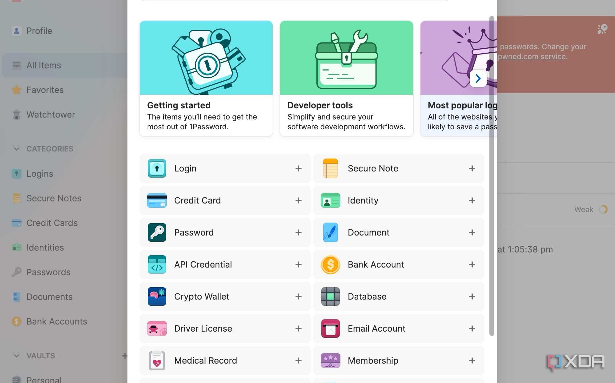 A screenshot showing 1Password categories
