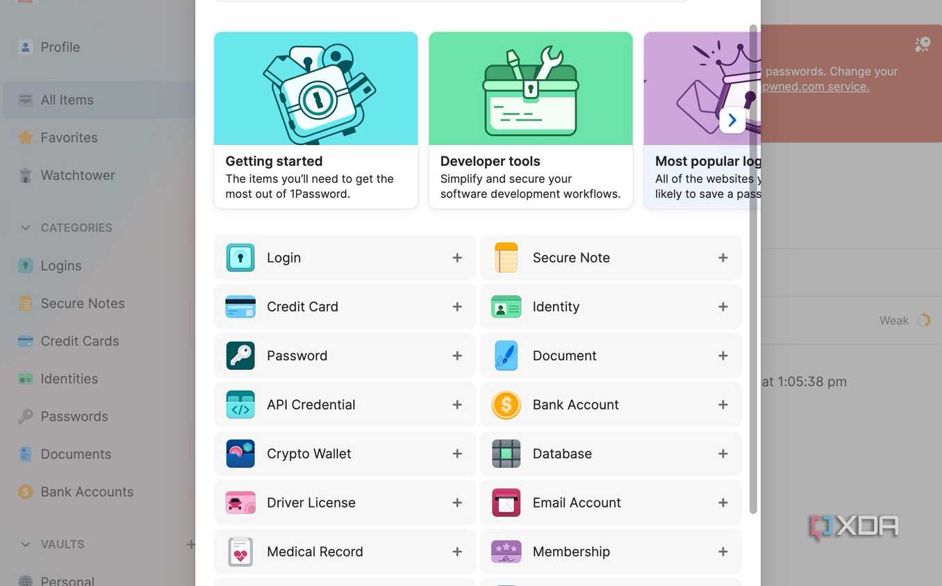 A screenshot showing 1Password categories