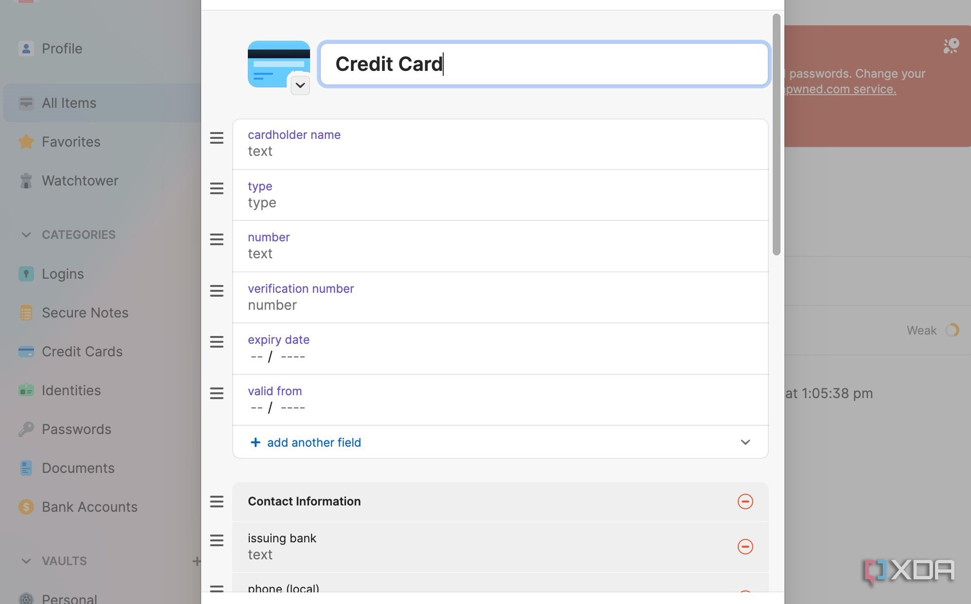 A screenshot showing 1Password Credit card category