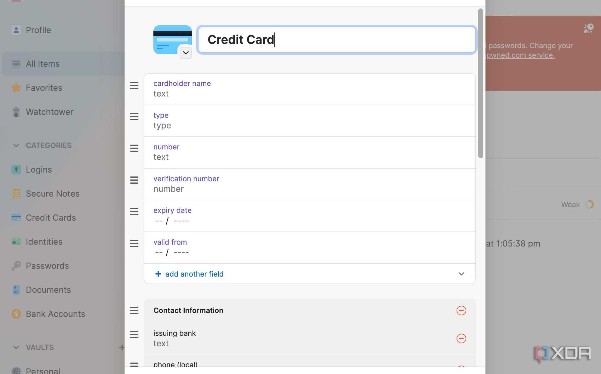 A screenshot showing 1Password Credit card category