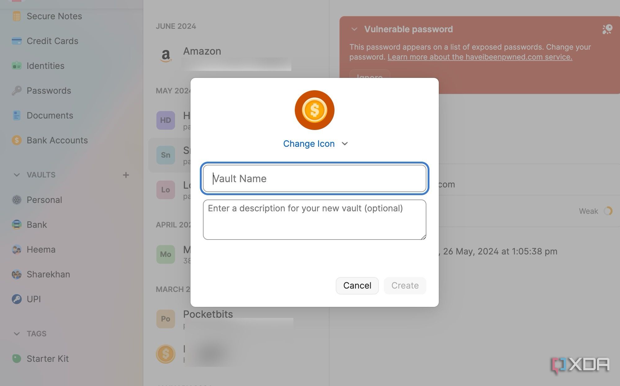 A screenshot showing 1Password vault