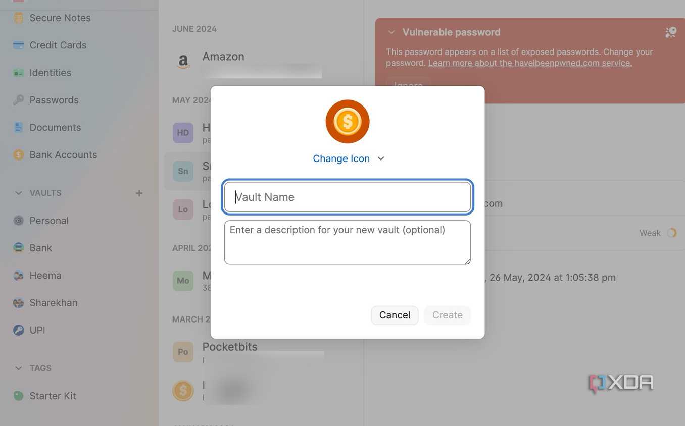 A screenshot showing 1Password vault