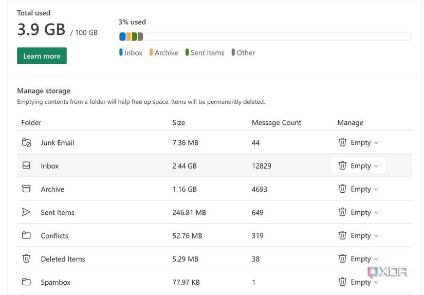 Manage outlook storage