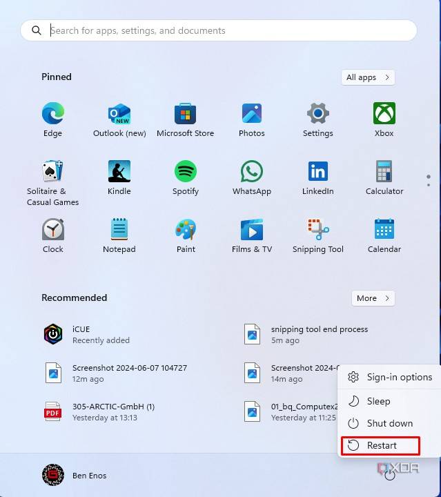 Image showing the restart your pc option