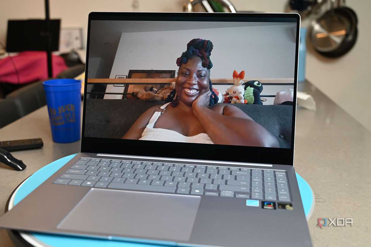Webcam shot of African-American woman with colorful locs on Samsung Galaxy Book 4 Edge