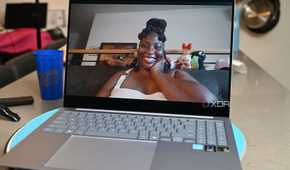 Webcam shot of African-American woman with colorful locs on Samsung Galaxy Book 4 Edge