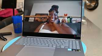 Webcam shot of African-American woman with colorful locs on Samsung Galaxy Book 4 Edge