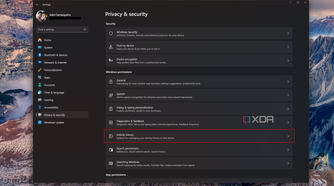 Screenshot of Windows 11 Settings app with activity history option highlighted