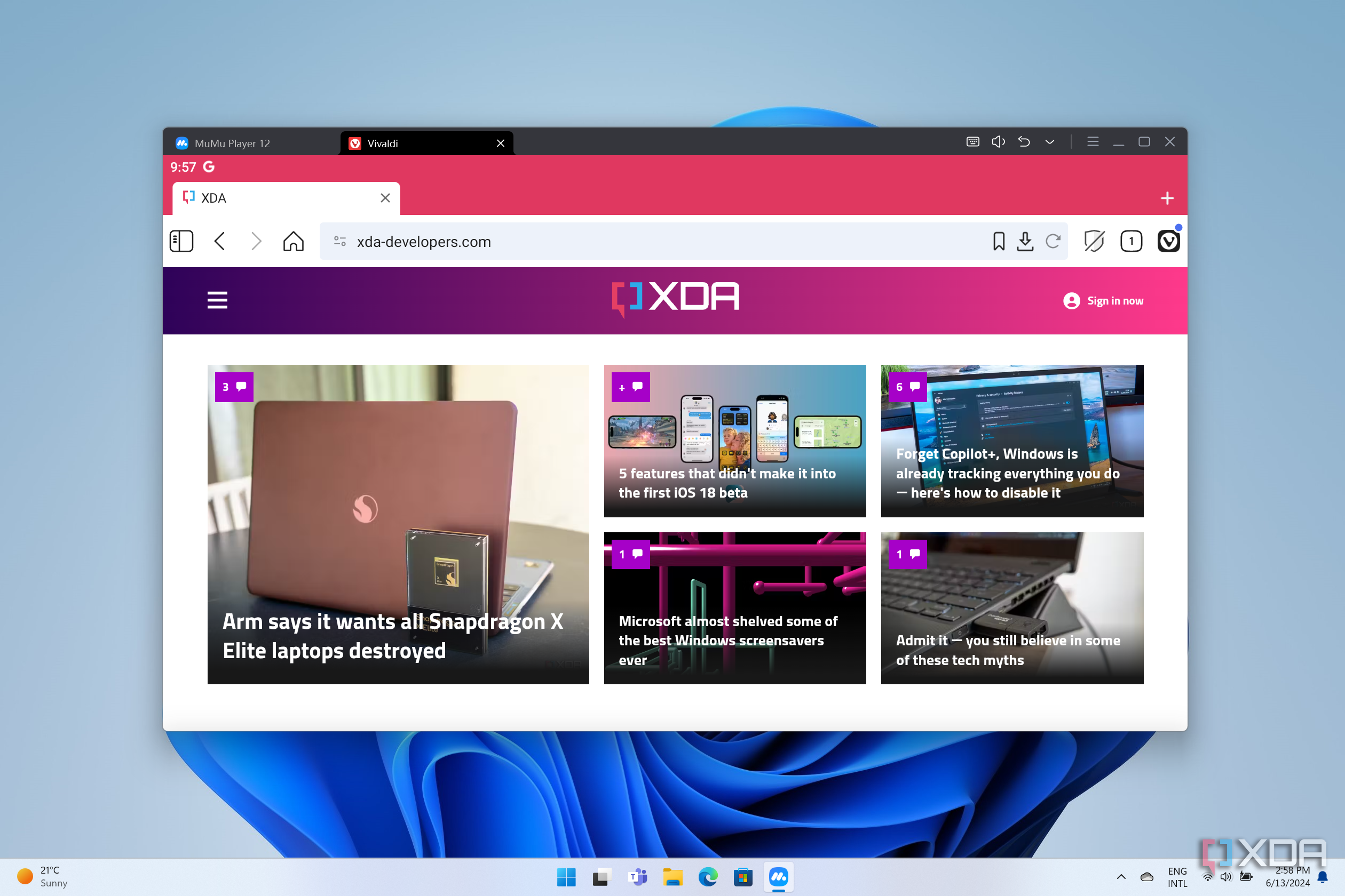 Screenshot of MuMu Player running Vivaldi browser