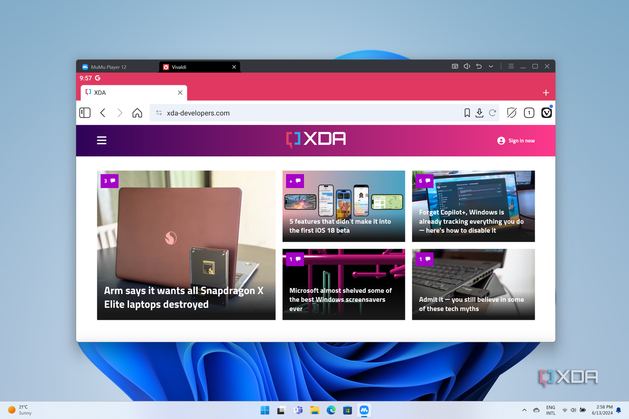 Screenshot of MuMu Player running Vivaldi browser