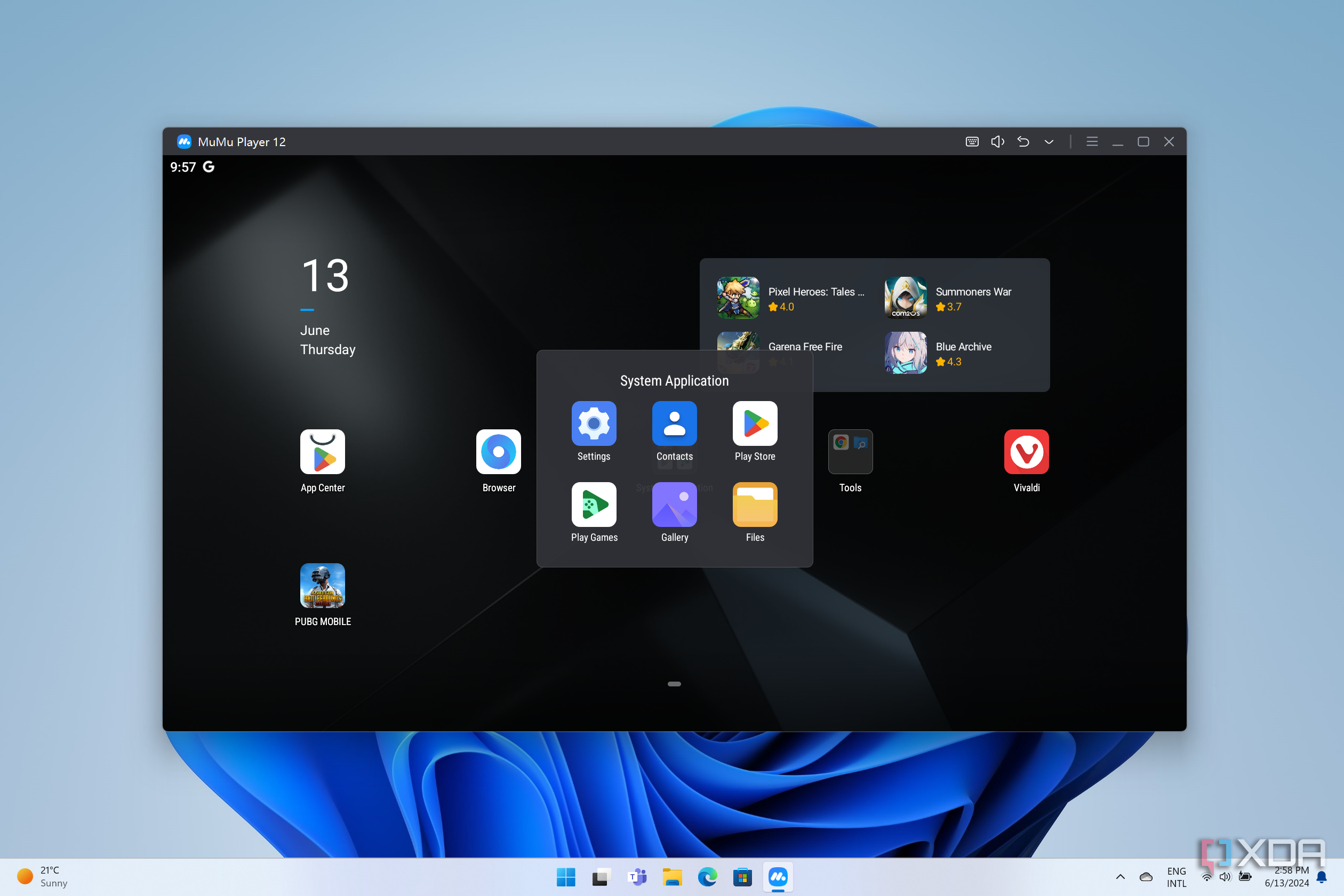 Screenshot of MuMu Player running showing the home page with an open folder
